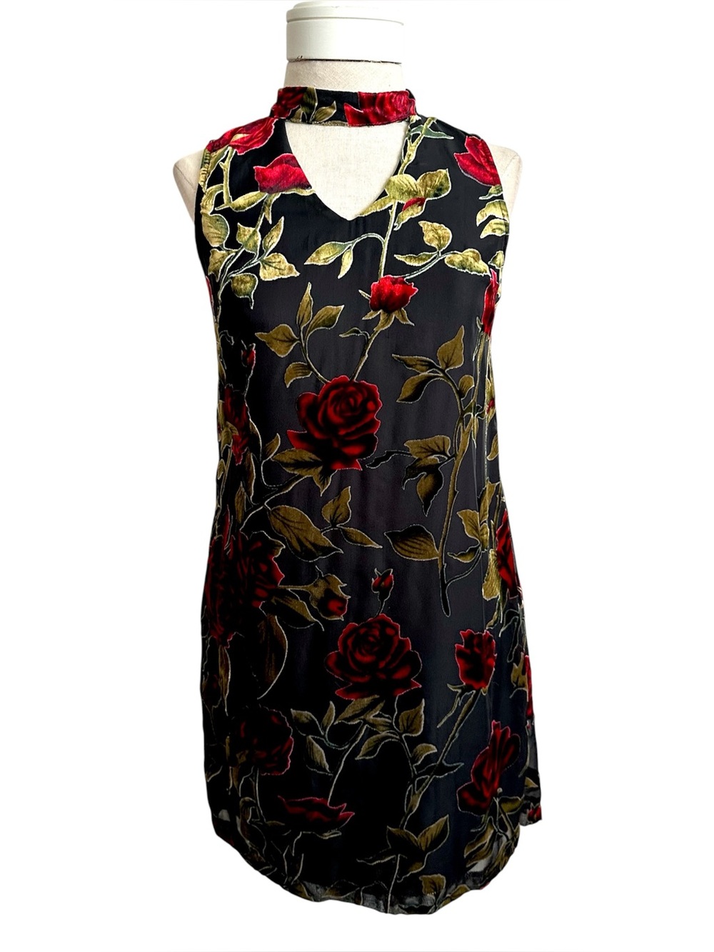 Adiva 90s Y2K Vintage Velvet Burnout Mini Dress Black Red Roses XS